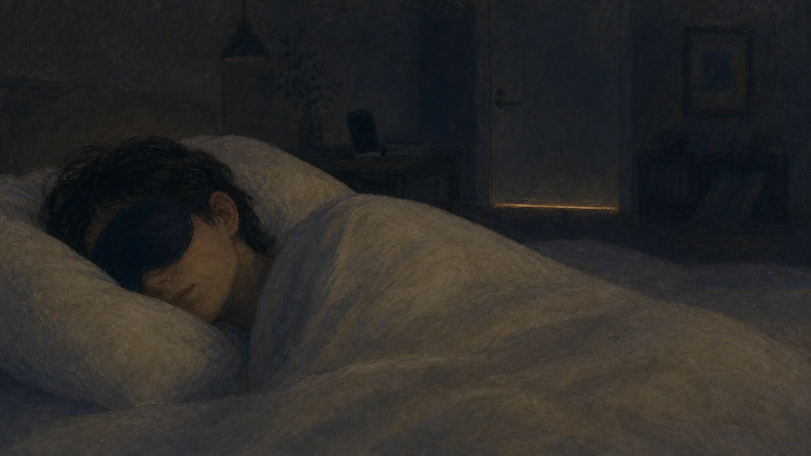 A person sleeping with a dark sleep mask in a dim room.